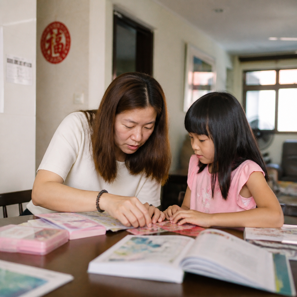 An Asian parent and primary school child enjoying a quiet school holiday activity at home in Singapore.