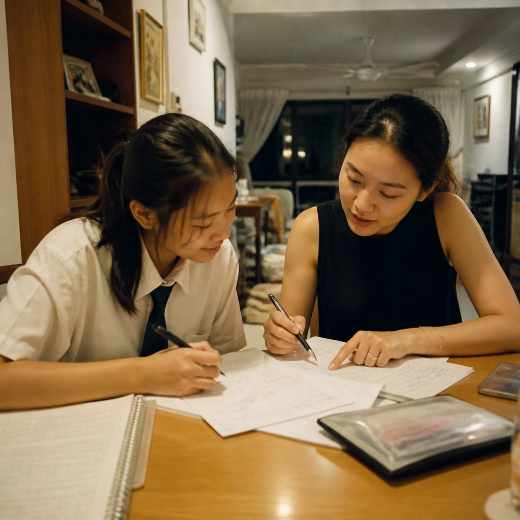 A tutor helping a JC student plan a GP essay in a Singapore home, showing focused General Paper revision support.