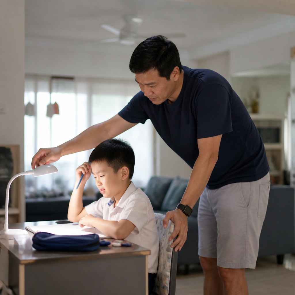 A Singapore parent helps a child adjust homework habits to prevent myopia in children.