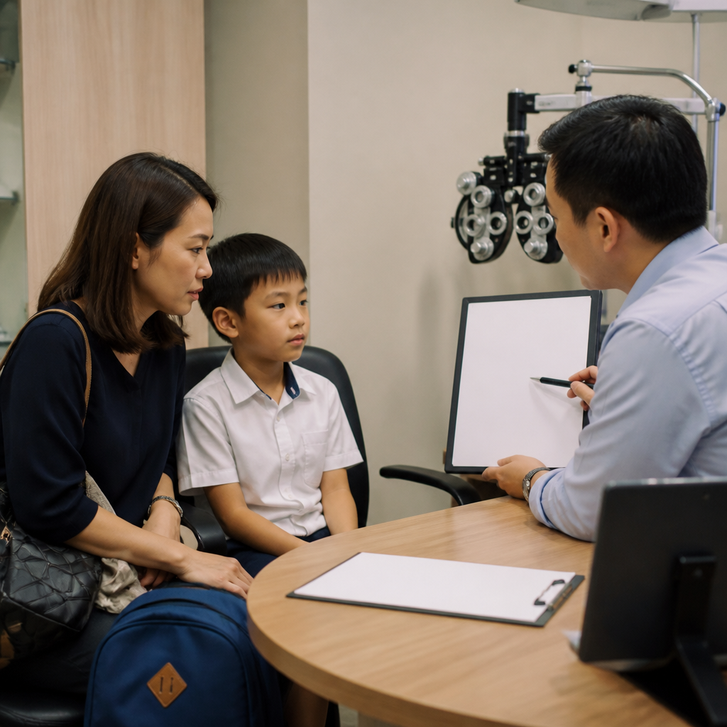 A parent arranges an eye check after warning signs of worsening eyesight appear in a child.