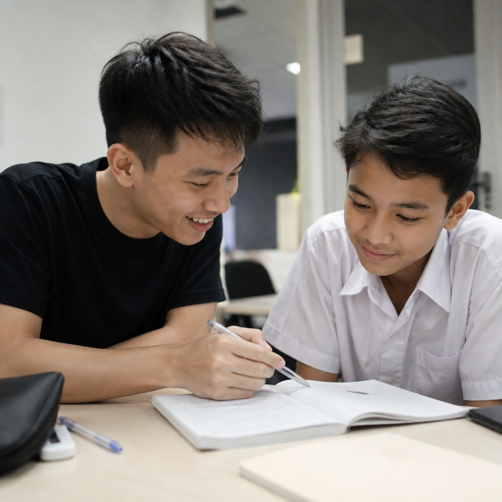 A tutor helping a secondary student review corrections reflects how to avoid mistakes in exams through better habits and support.