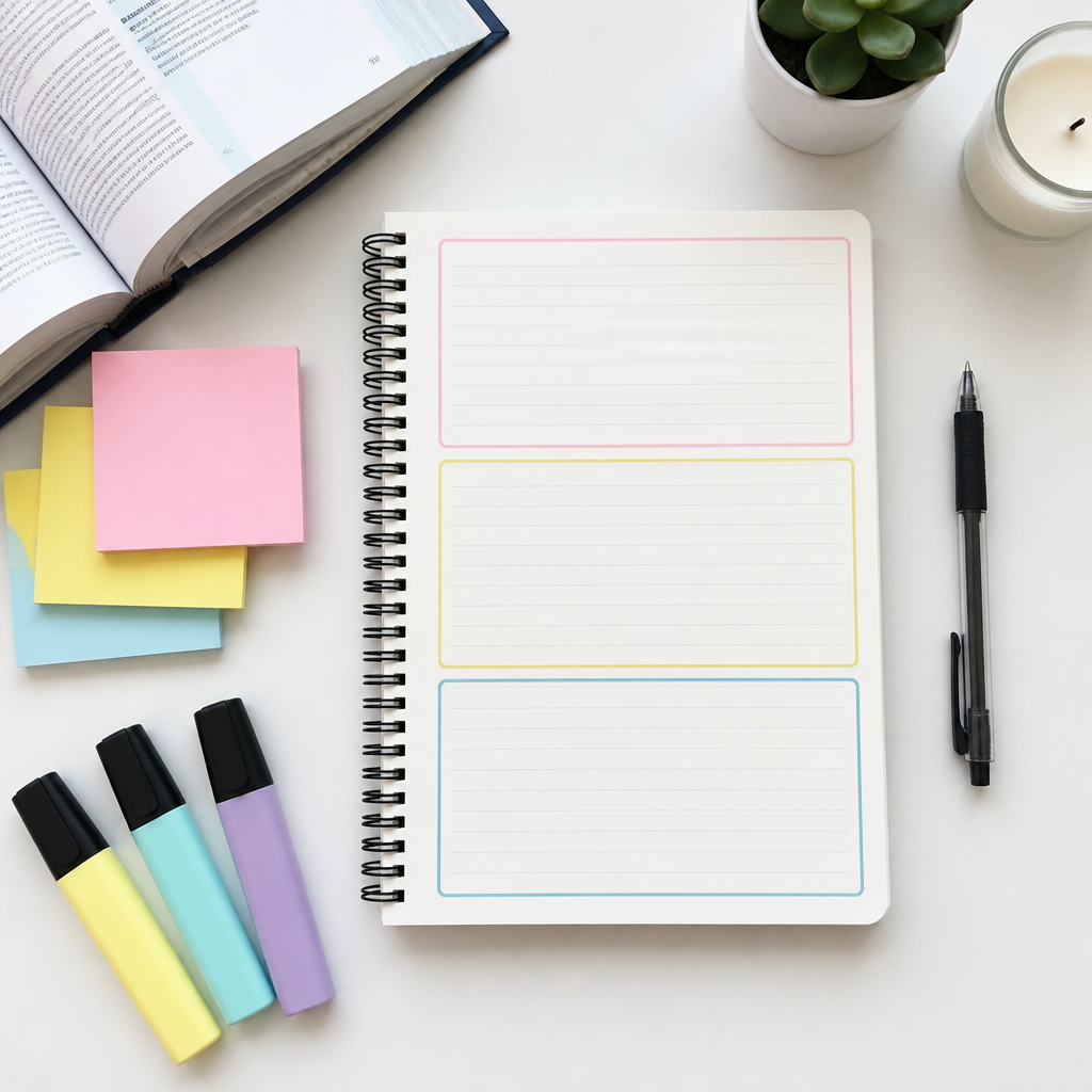 A clean study planning flat lay showing how to study for exams by sorting topics into confident, shaky, and not understood groups.