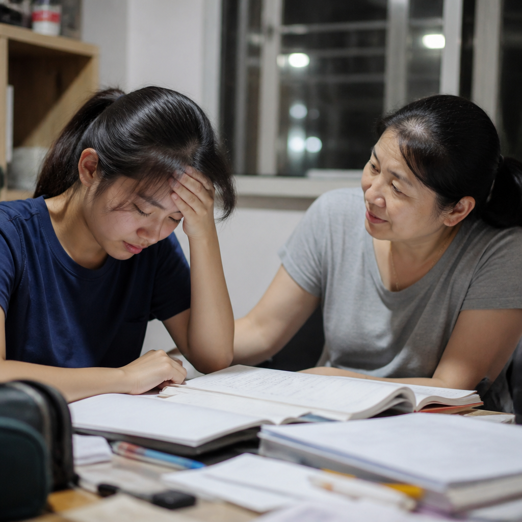 A Singapore student and parent at a study desk, showing how exam revision can feel overwhelming before a better study routine is in place.