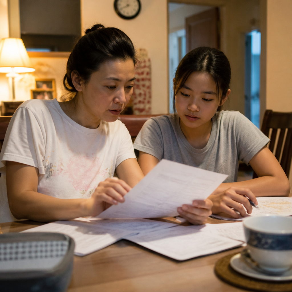 A warm Singapore home scene showing structure, calm, and consistency during exam preparation with parent support.