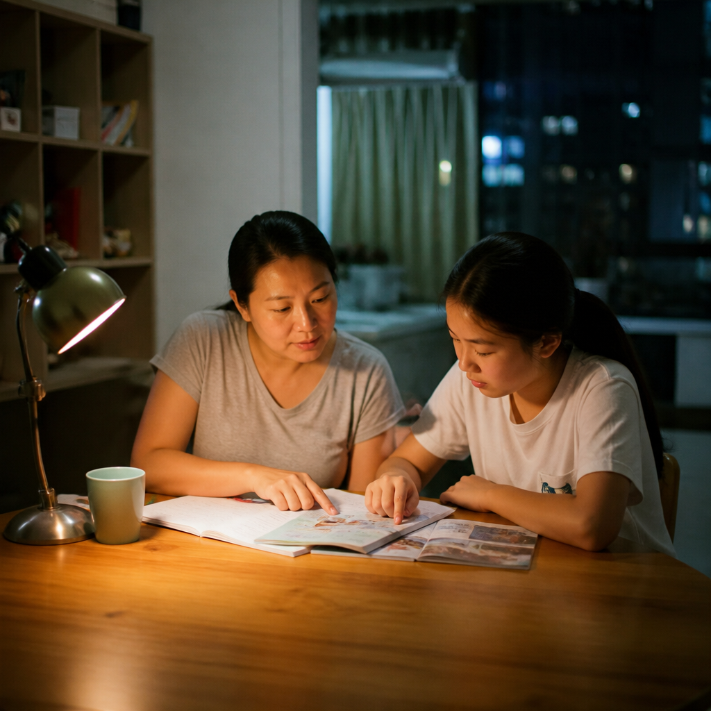 A Singapore parent and child discussing DSA Singapore and secondary school options at a HDB dining table.