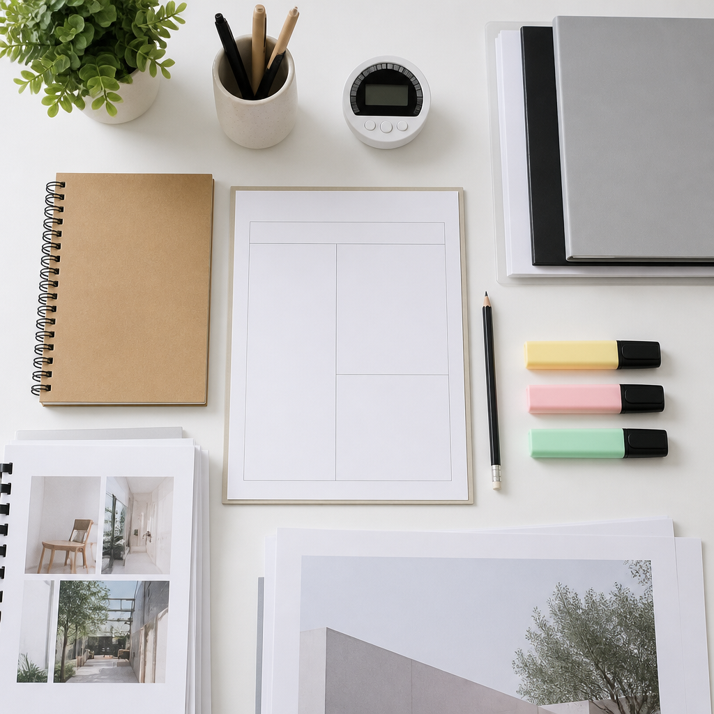 A clean flat lay showing portfolio and interview preparation for DSA Singapore applications.