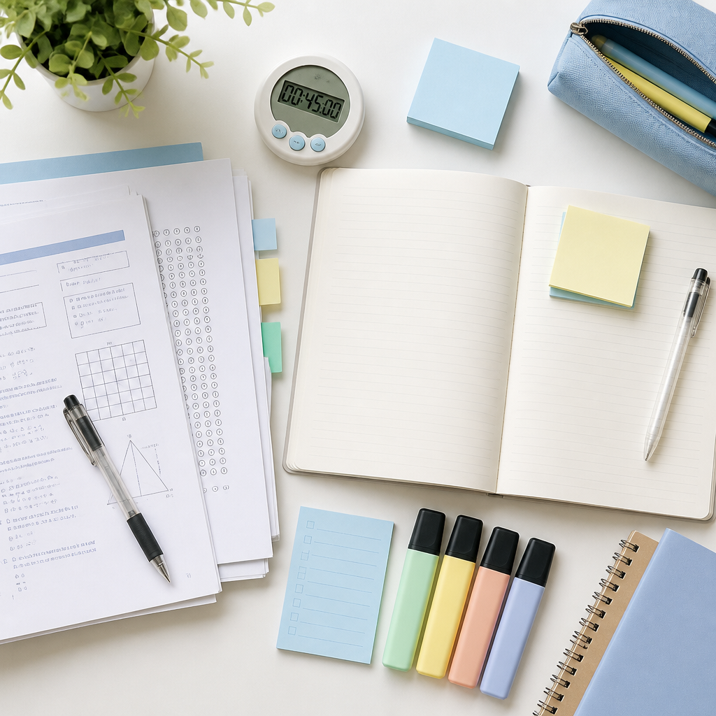 A neat study planner and stationery arranged for an effective study schedule for exams.