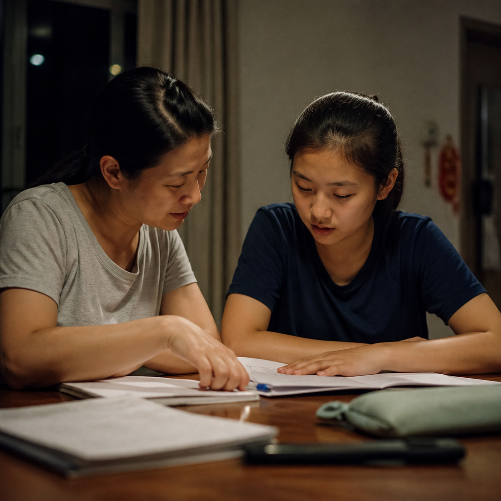 An Asian parent and student reviewing a study schedule together at home in Singapore.