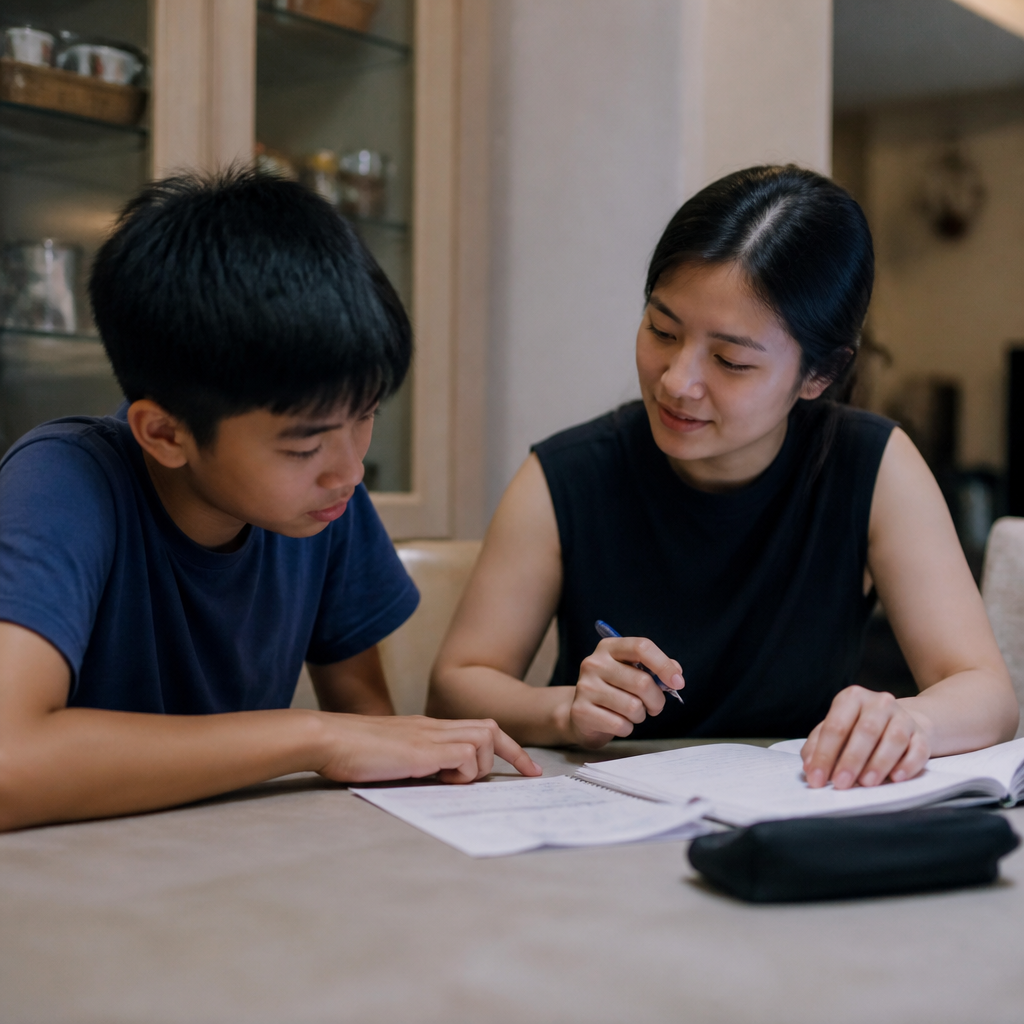 Asian student and tutor discussing a study plan at a HDB dining table, showing how a Singapore tuition teacher can help with study burnout.