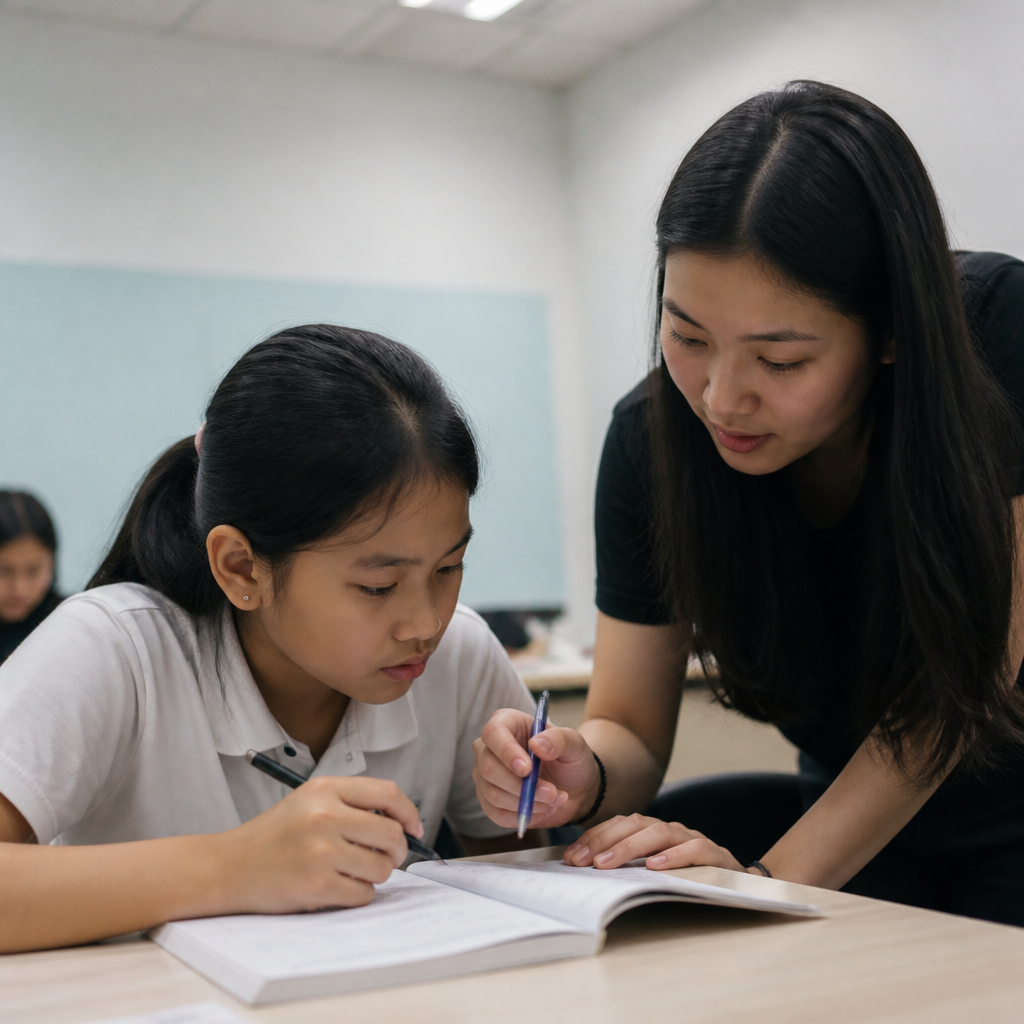 Tutor and student working through a question together, reflecting how Singapore tuition support can improve clarity and reduce study burnout.