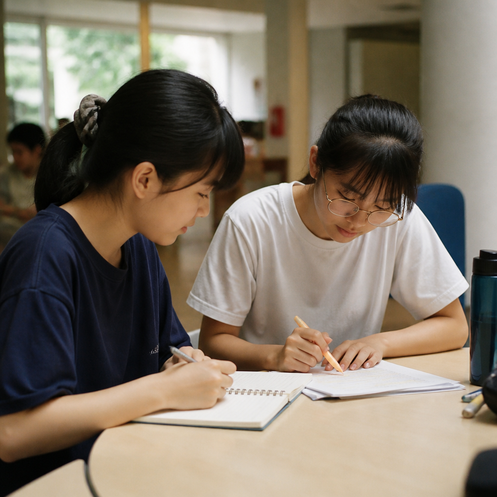 Two students revising at a community study space in Singapore, showing a practical free study option.