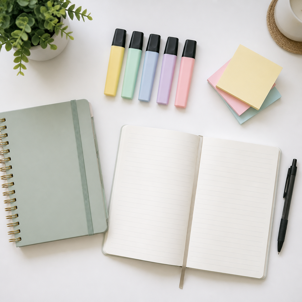 A neat study flat lay showing planning tools for smart exam revision and prioritising weak topics effectively.