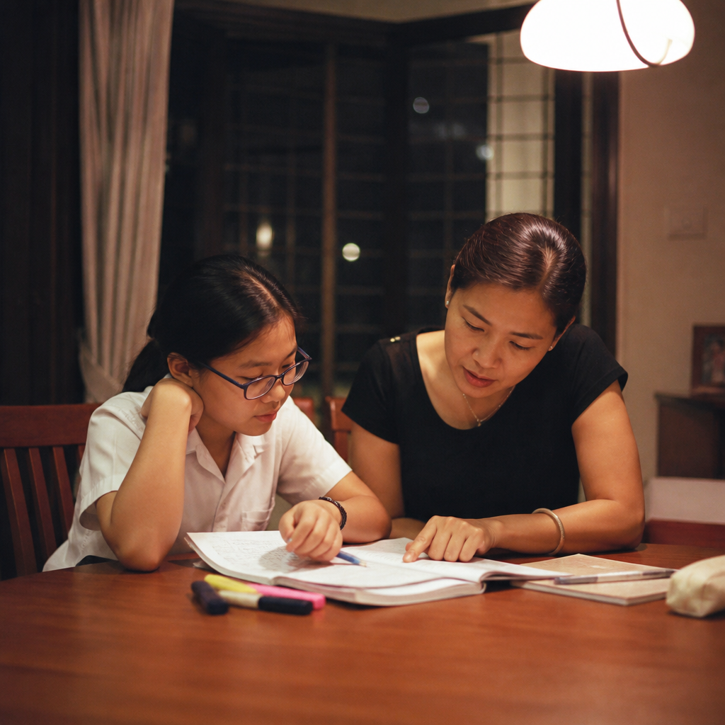 An Asian parent and child studying together at a HDB dining table in Singapore, illustrating how study smart for exams starts with focused revision.