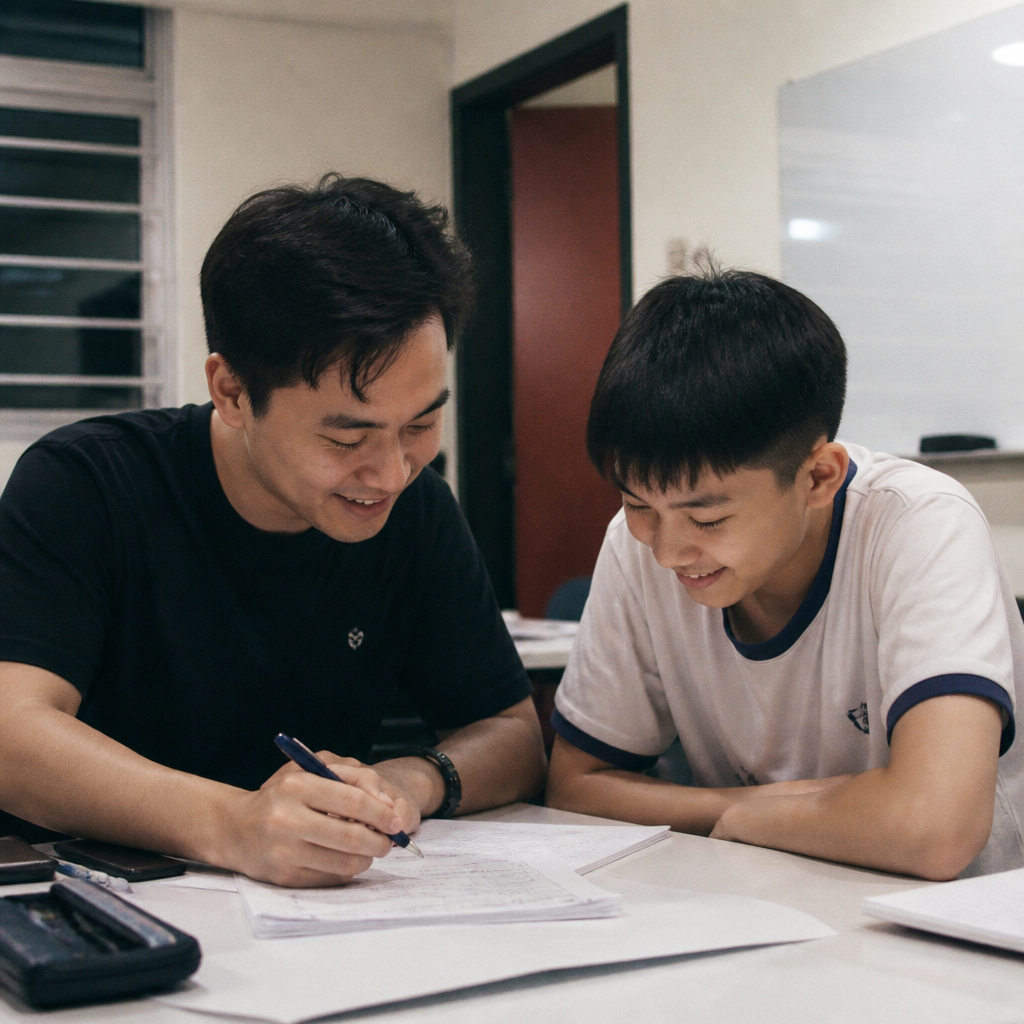 A tutor guiding a student through corrections, reinforcing smart study methods for exams and better revision habits.