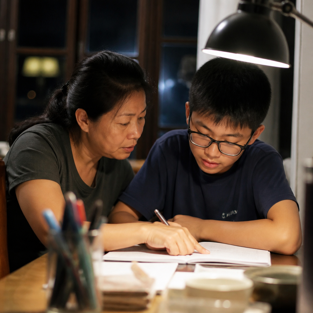 A Singapore parent and secondary school student working together on study habits at a HDB dining table.