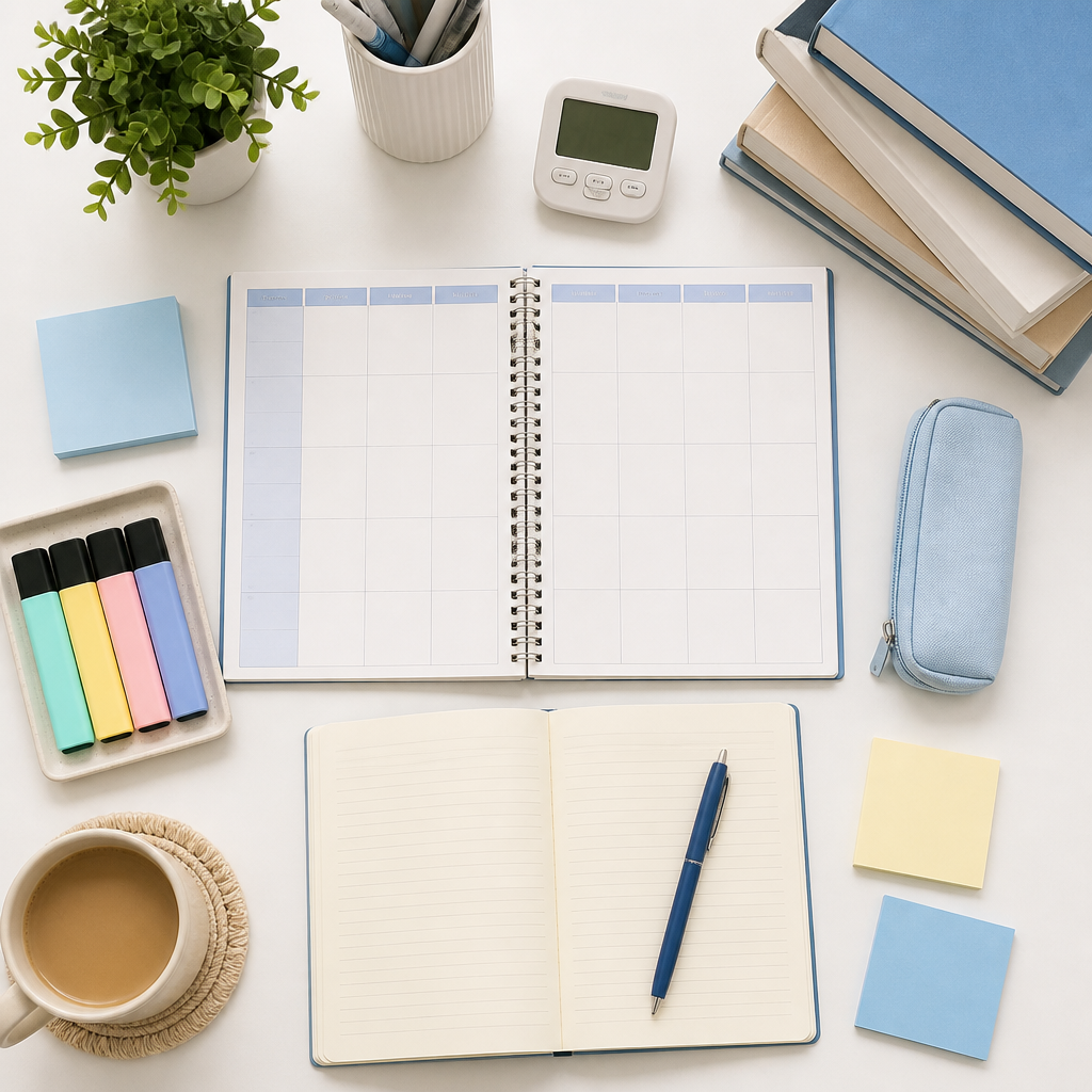 A clean flat lay of study planner materials showing how secondary school study habits are built through repeatable routines.