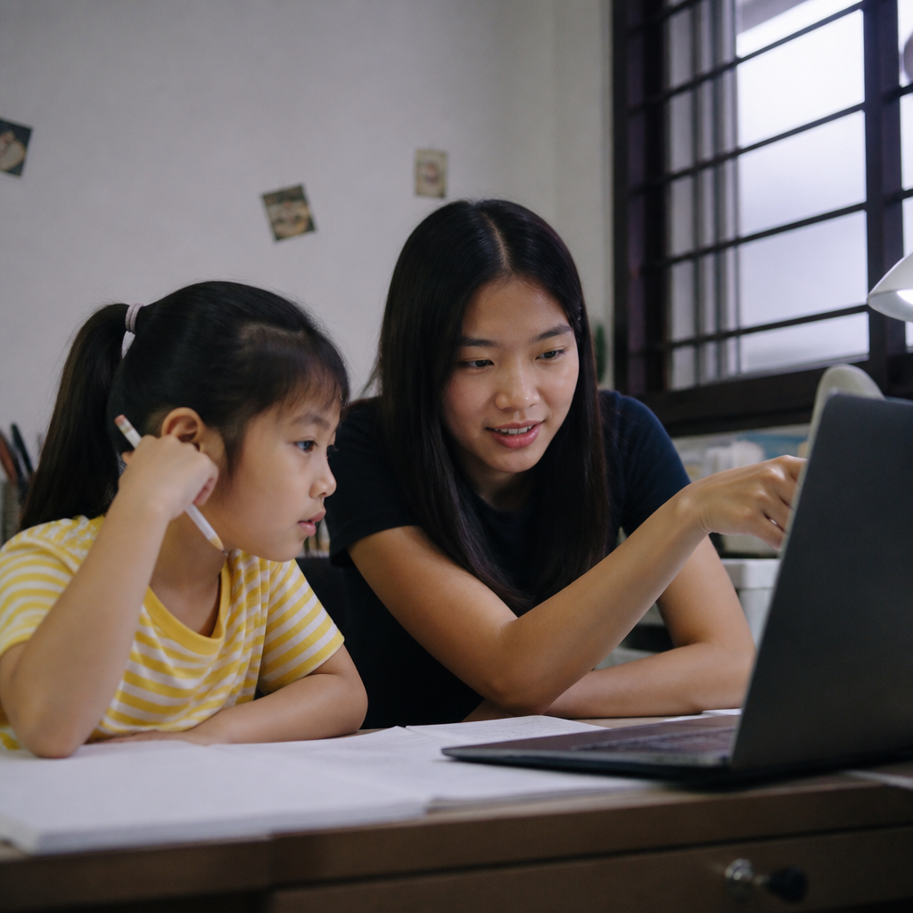 A Singapore tutor guiding a child through an online tutoring lesson at home.