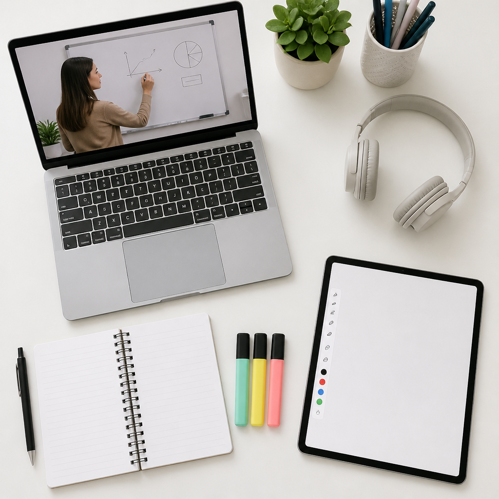 Online tutoring setup with a laptop, notebook, and study tools on a tidy desk.