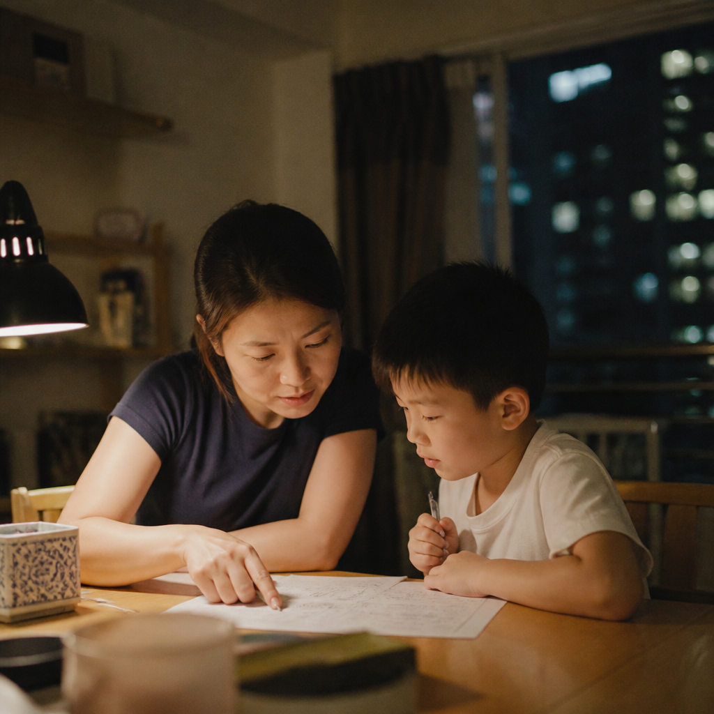 An Asian mother and child revising MCQ questions together at a HDB dining table, showing how Singapore families tackle multiple-choice practice at home.