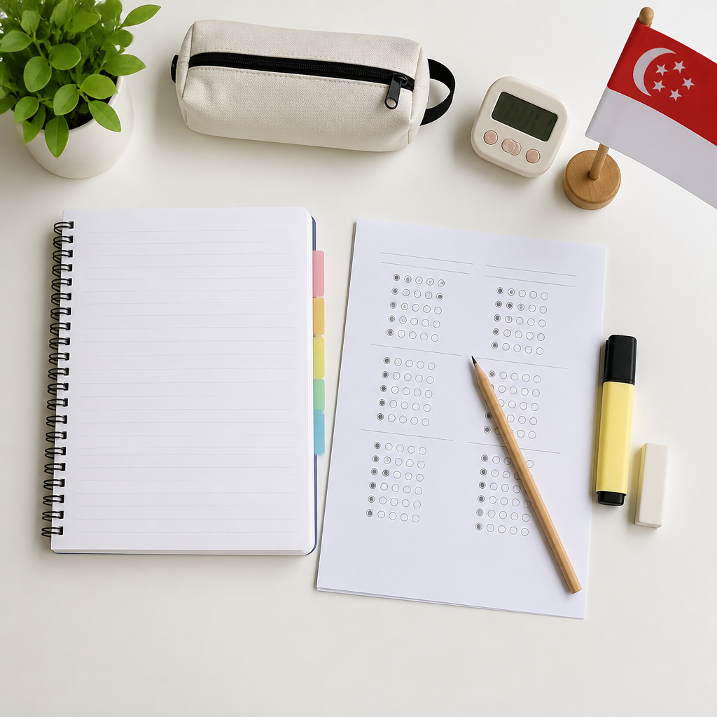 A clean study desk flat lay with MCQ practice materials, highlighting focused exam preparation for Singapore students.