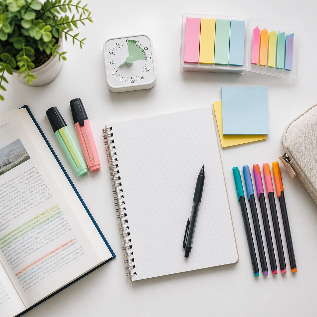 A clean study flat lay showing revision tools that reflect the active learning benefits of small group tuition in Singapore.