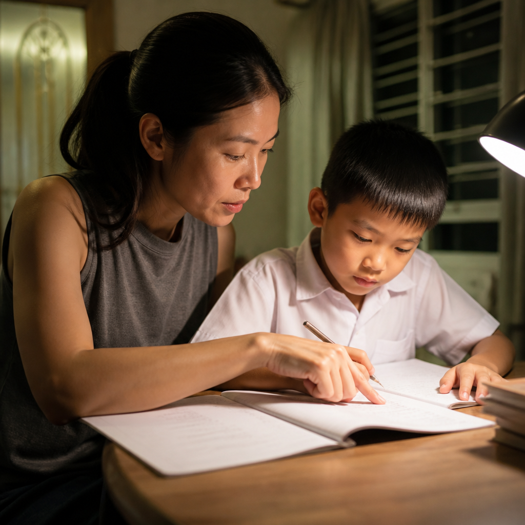 An Asian parent helping a child review test papers at a HDB dining table, showing how small group tuition can support Singapore students.