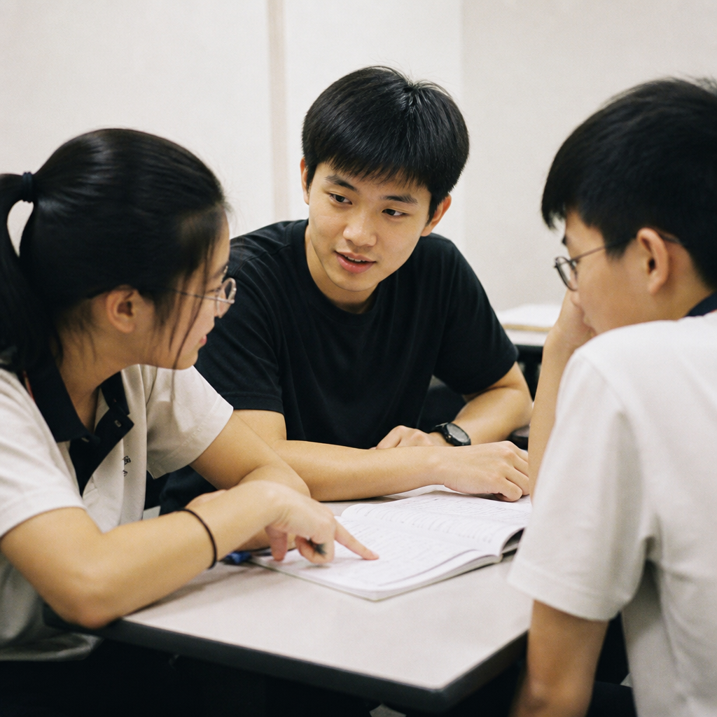 A small tuition centre scene showing students and a tutor in a steady small group tuition session in Singapore.