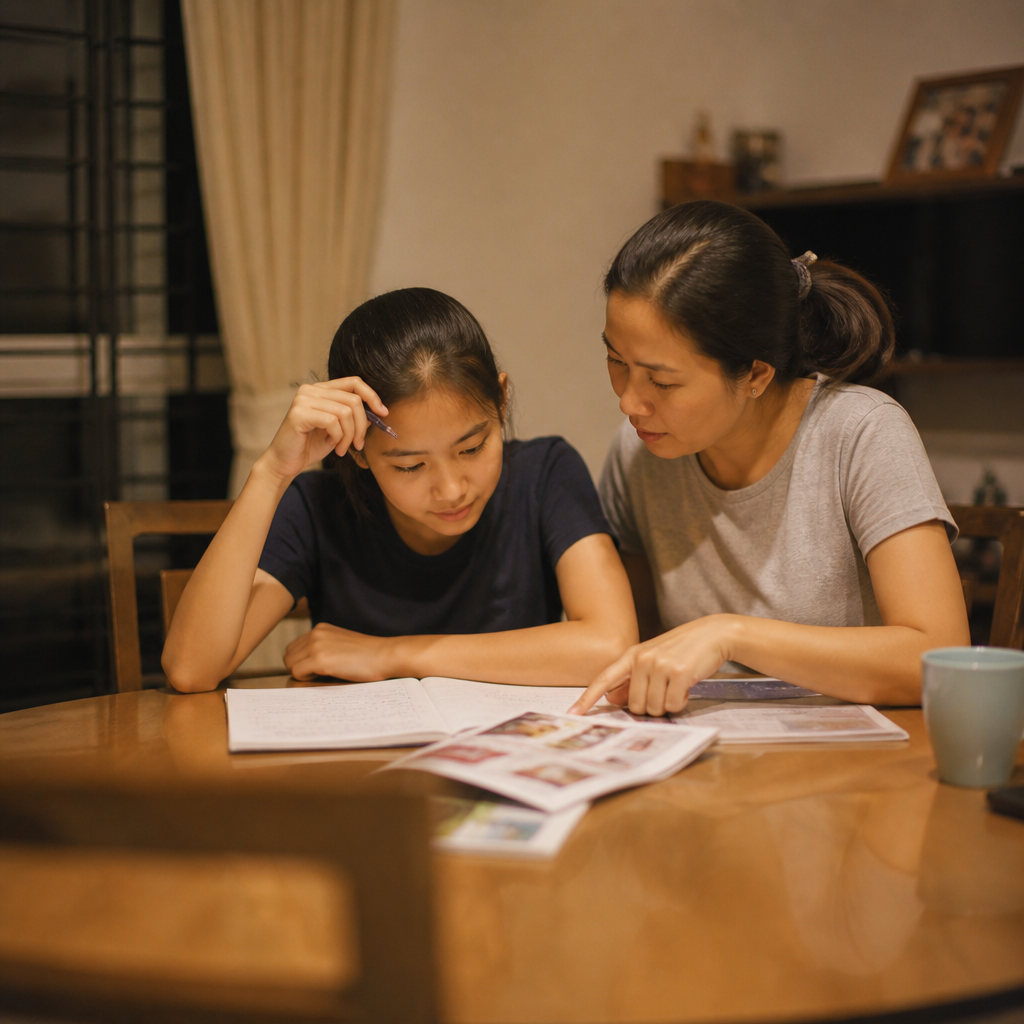 Asian parent and student discussing how to choose the right tutor in Singapore at a HDB dining table.