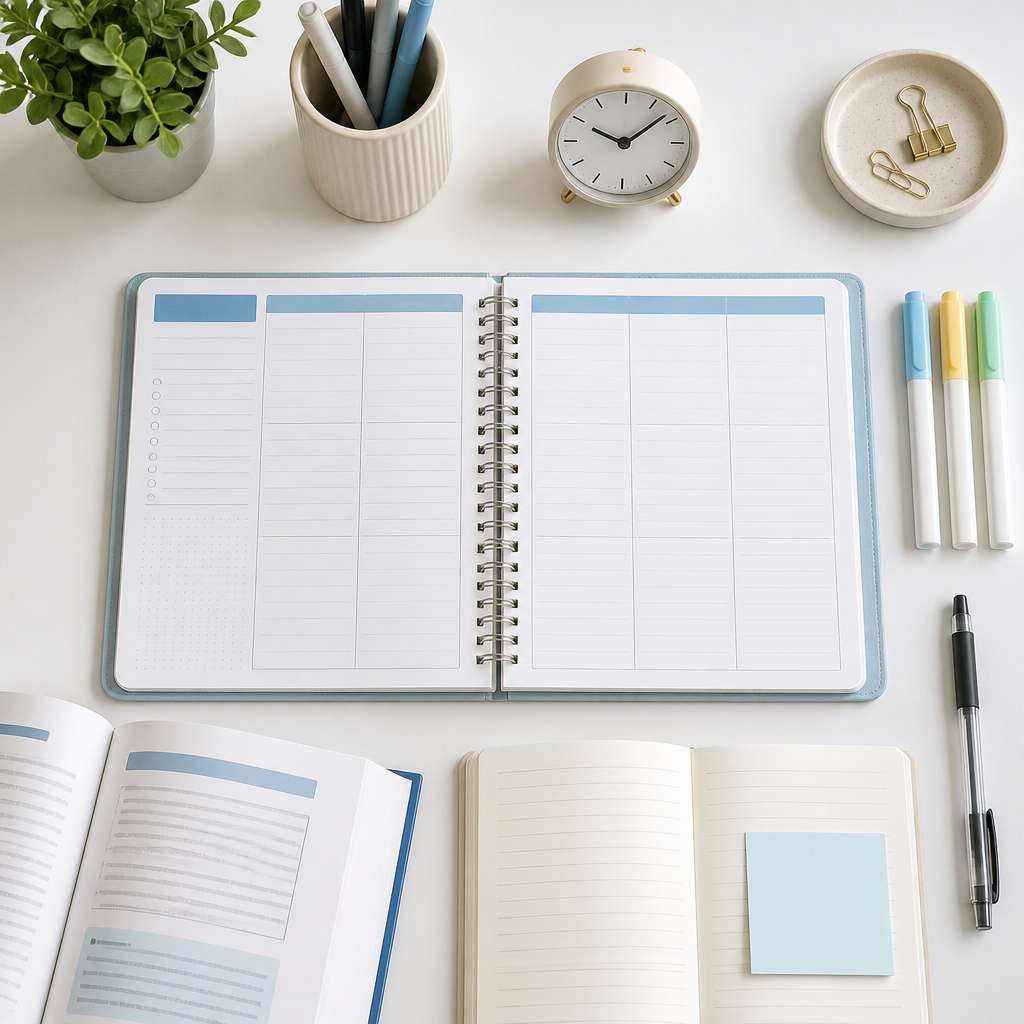 Organised study planner and stationery supporting tutor scheduling and home tuition planning in Singapore.