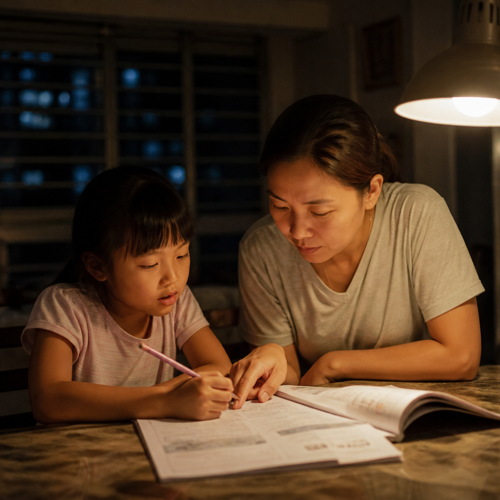 A Singapore parent and child reviewing tuition options together at home, reflecting the careful choice of a tuition centre in Singapore.
