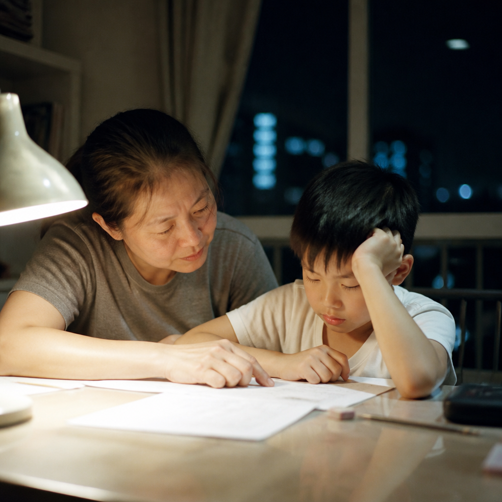 Singapore tuition support at a HDB dining table where a parent helps a tired child with homework.