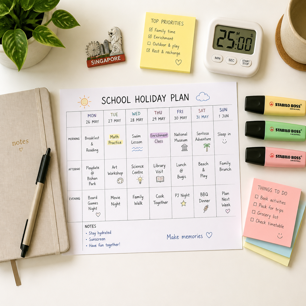 A simple holiday planning flat lay showing a weekly calendar, notebook and stationery for school holiday activities in Singapore.