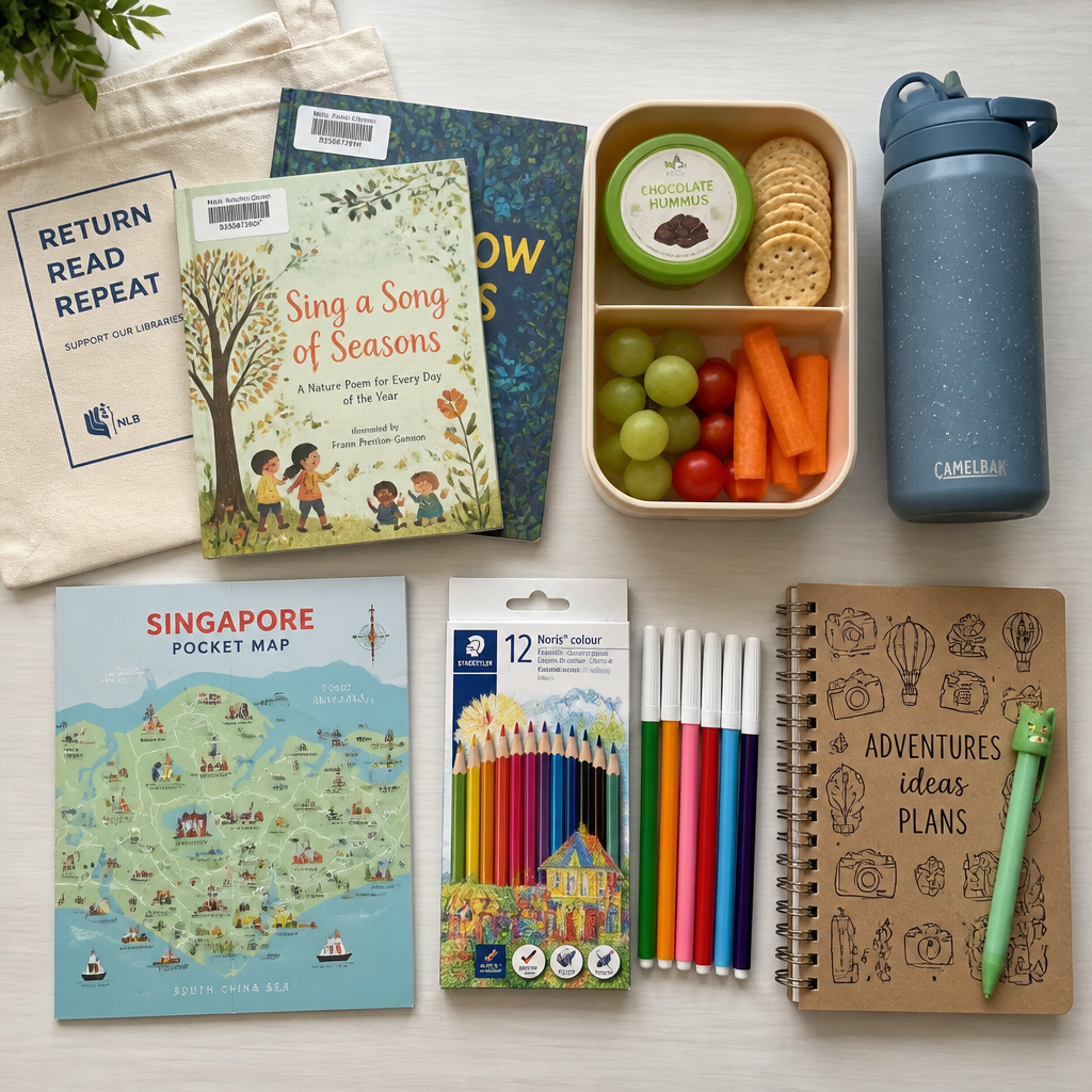 A practical flat lay of school holiday essentials for families planning budget-friendly school holiday activities in Singapore.