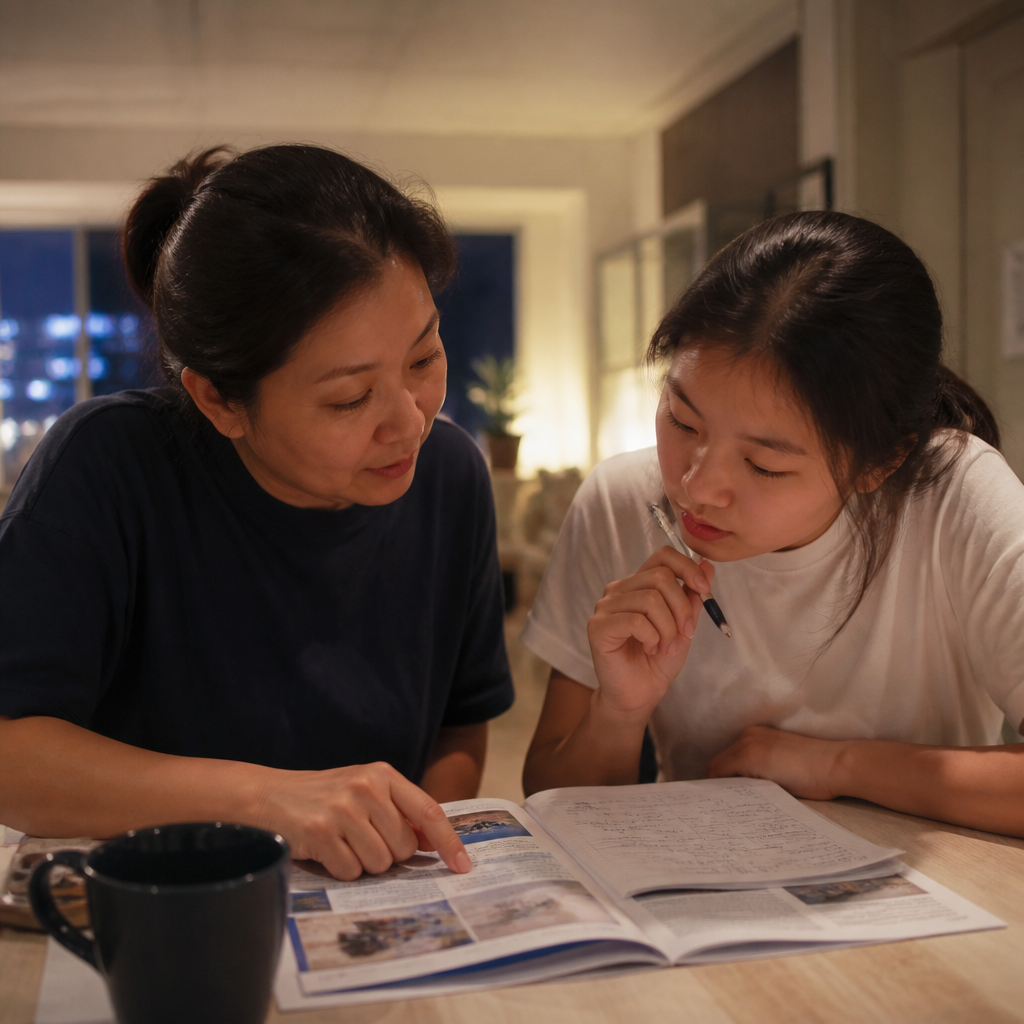 Singapore parent and child discussing tertiary education options at a HDB dining table.