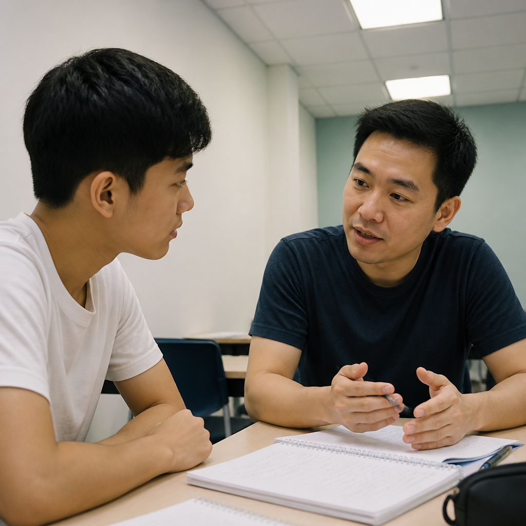 Supportive tutoring scene showing a student planning tertiary education in Singapore.