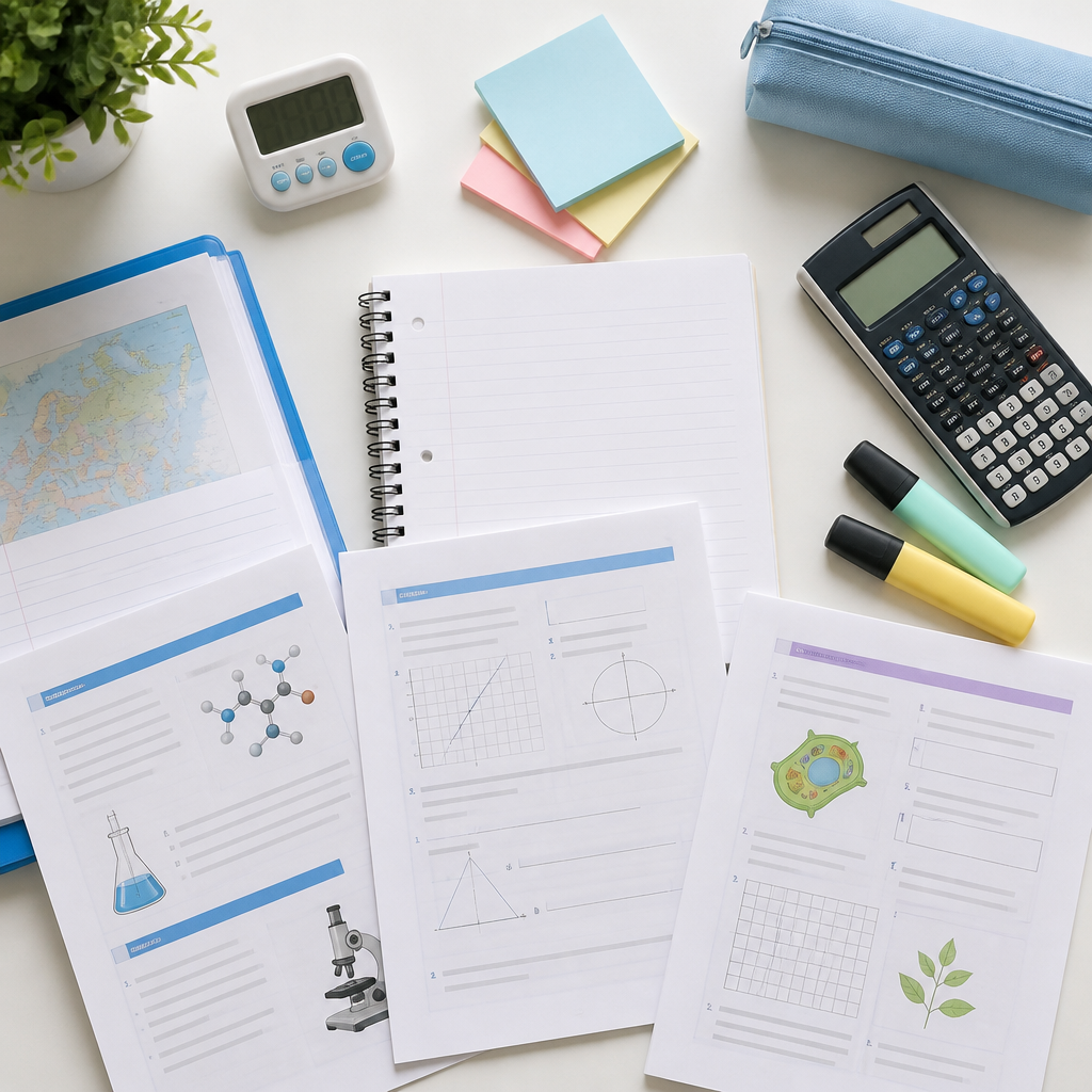 Revision materials laid out for secondary school learning and exam preparation in Singapore.