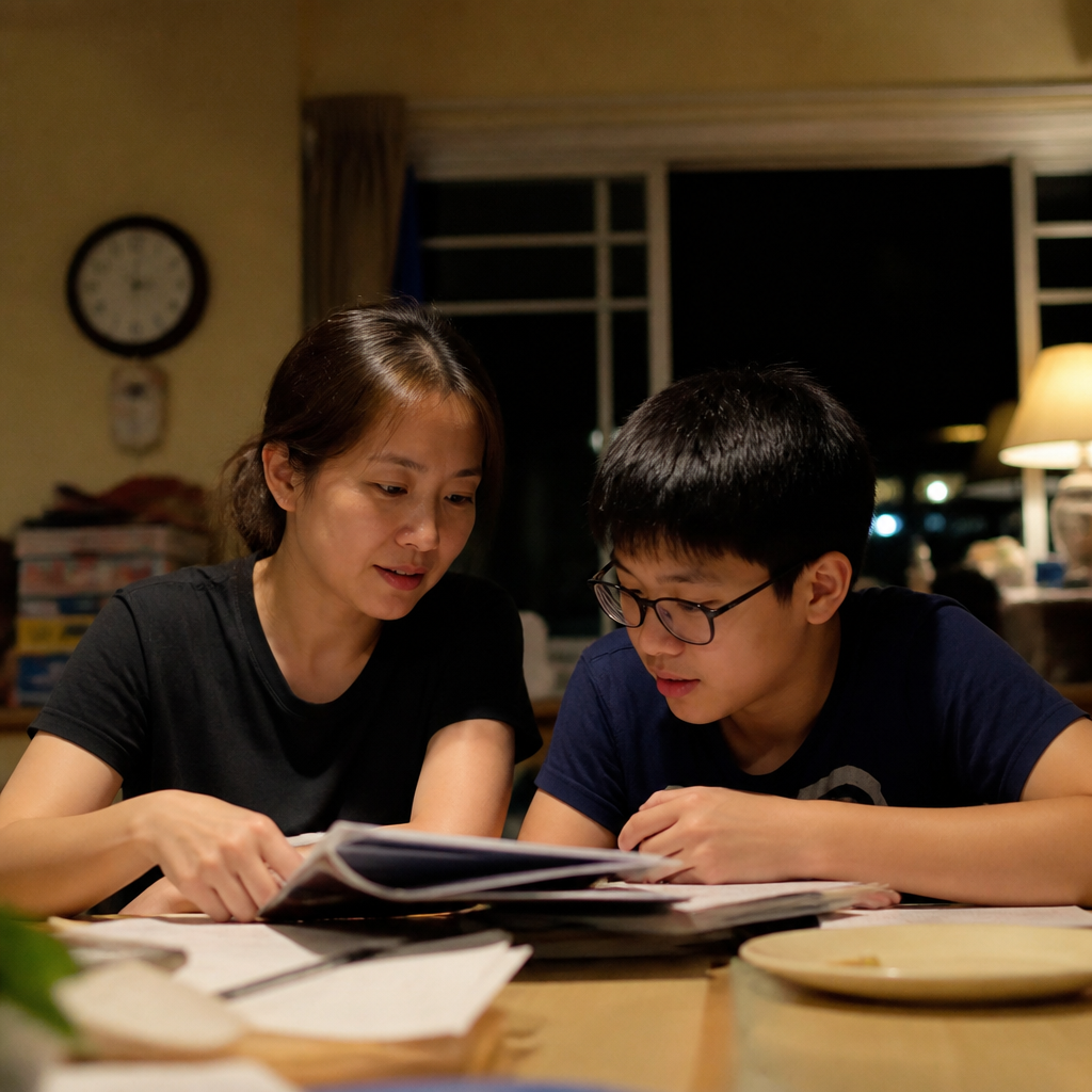 A parent and Secondary 1 student reviewing school work together in a Singapore home, showing that children are no longer meant to be defined by one label.