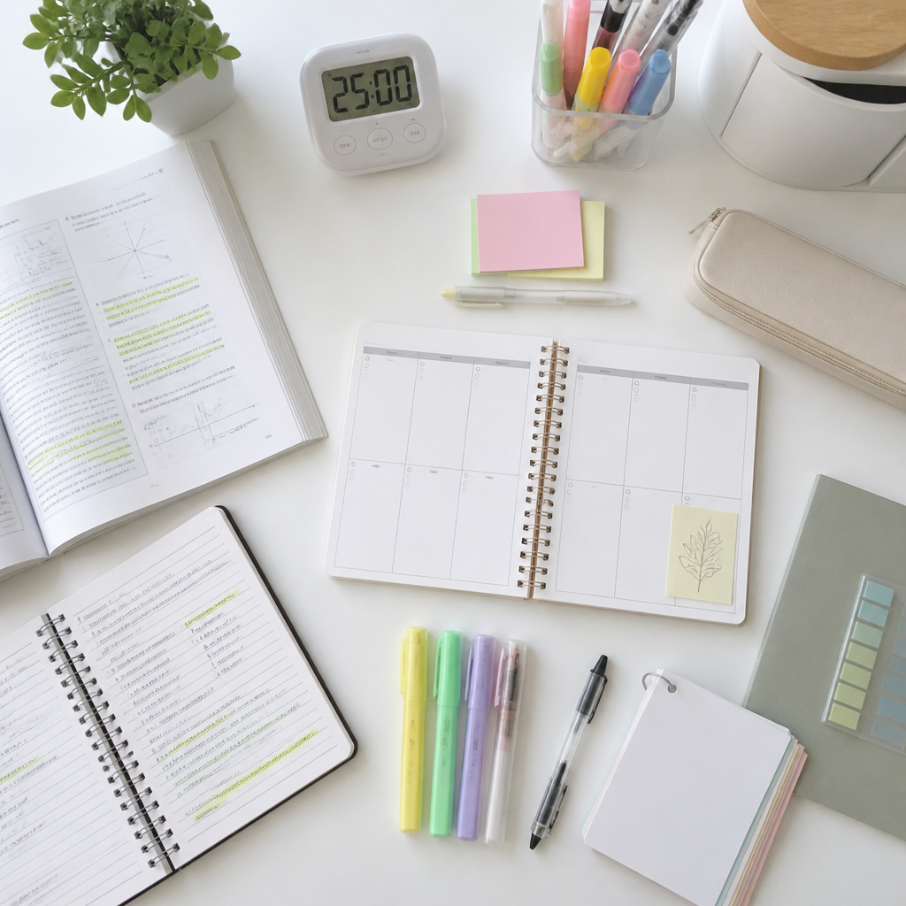 A clean study desk flat lay showing A Levels revision tools for organised preparation in Singapore.