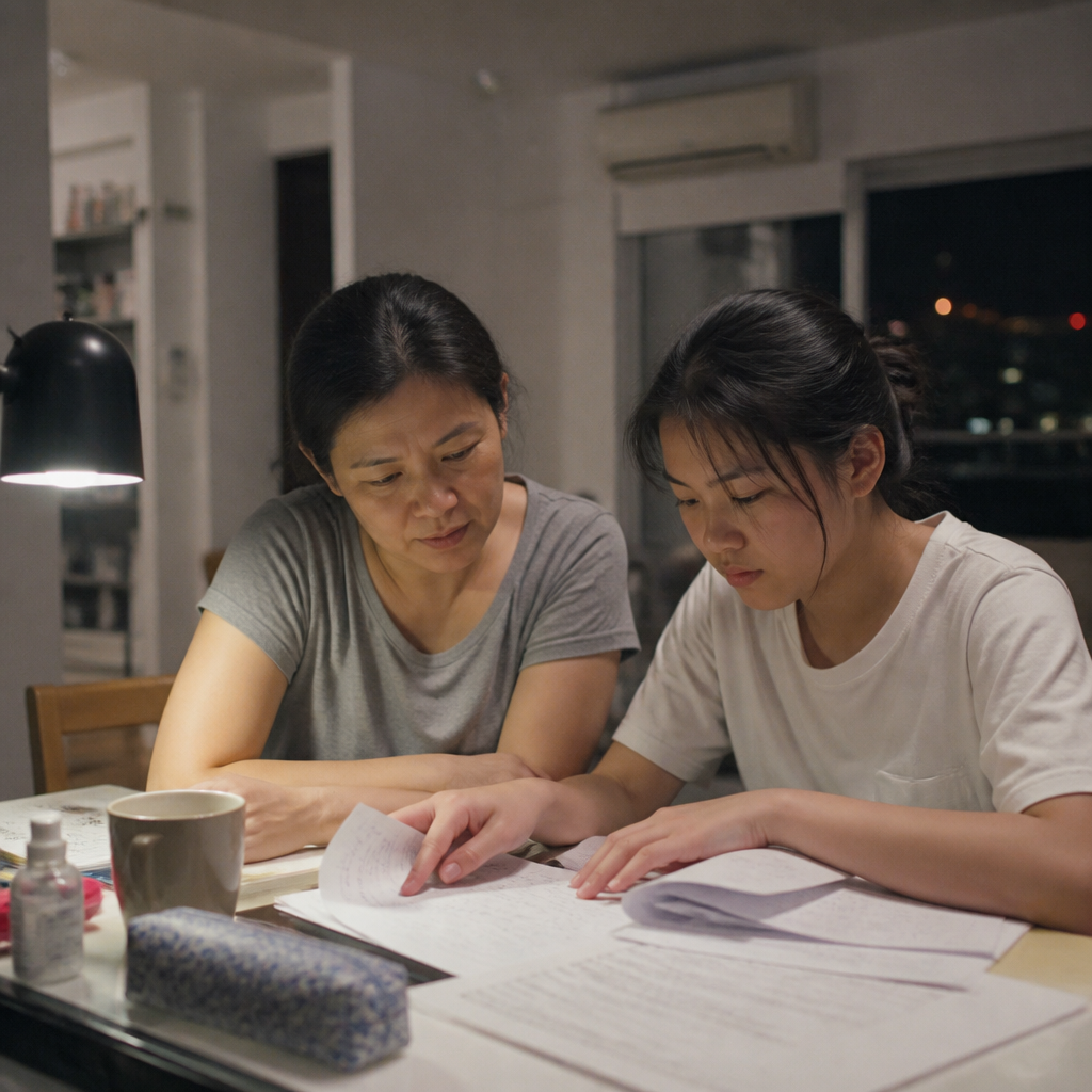 A parent supporting A Levels revision at home in Singapore with a calm study routine.