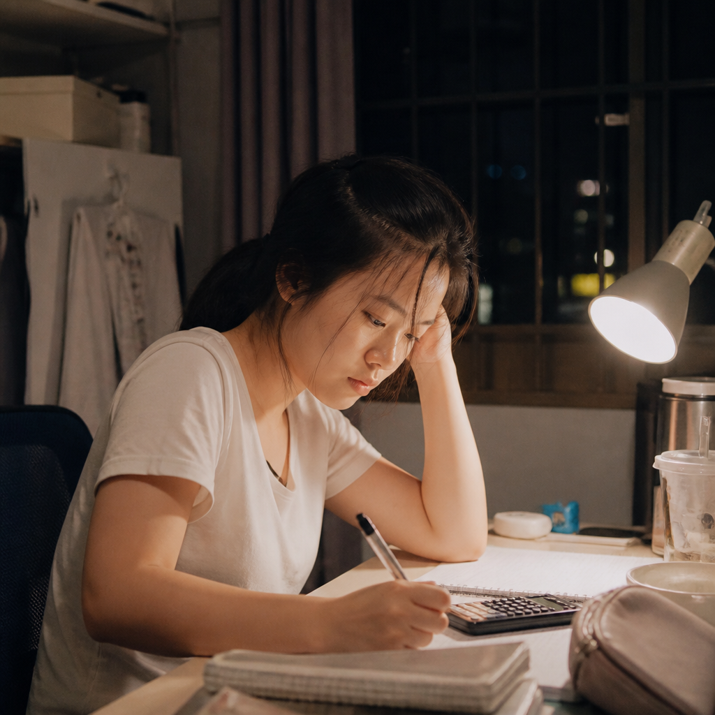 Tired JC student revising at a study desk in a Singapore home while parents consider how much revision for A Levels per day is realistic.