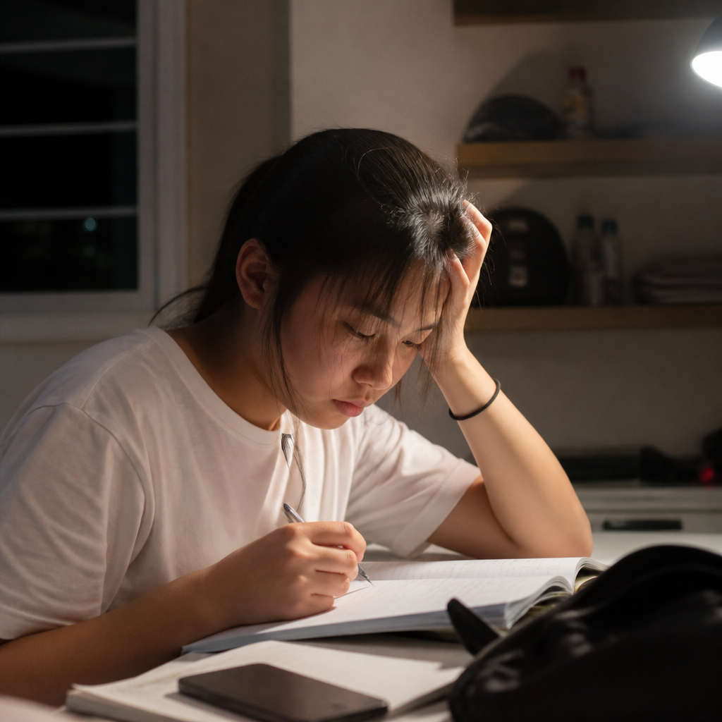 A tired Singapore student at a study desk in a HDB home, showing the challenge of finding motivation to study when overwhelmed.