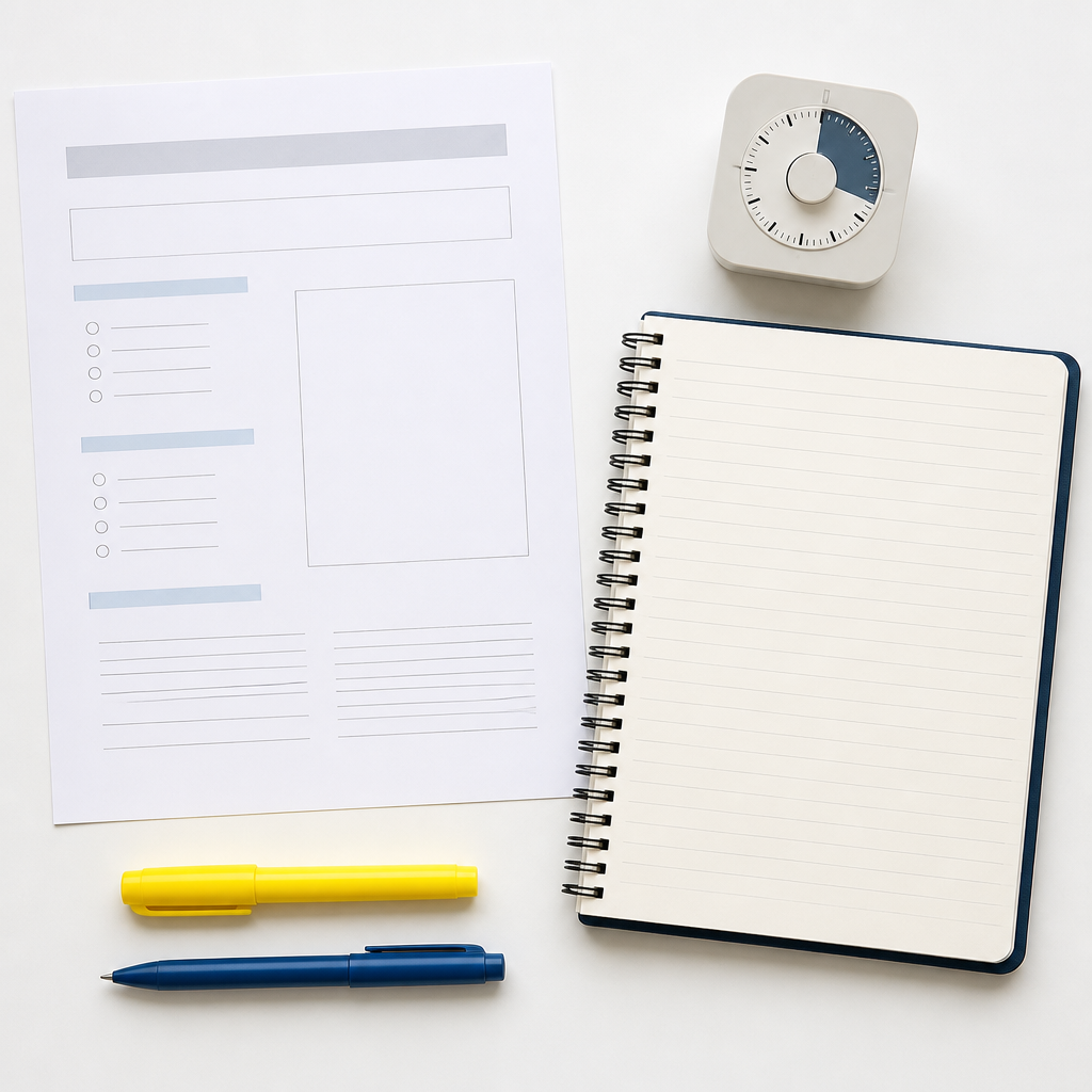 A simple flat lay showing a small first step for study motivation, with a worksheet, notebook, highlighter, and timer.