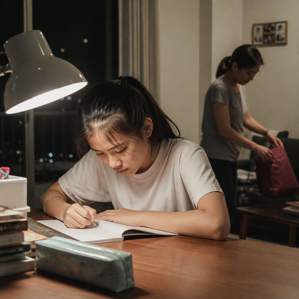 A student doing focused homework at home, showing how short study blocks can improve productivity.