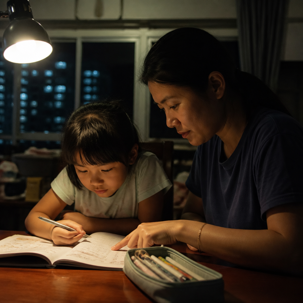 A Singapore parent helps a child with Chinese homework at a HDB dining table in a warm, candid scene.