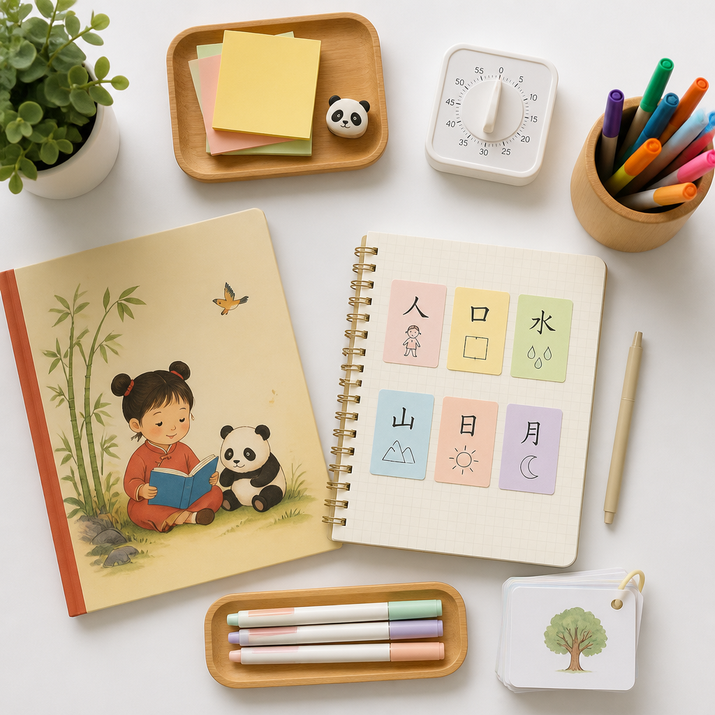 A Chinese learning flat lay with a storybook, notebook, and study tools for home revision.