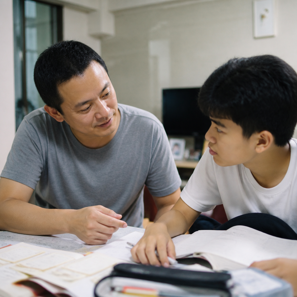 A Singapore family doing Chinese practice at home, showing steady support and confidence-building.