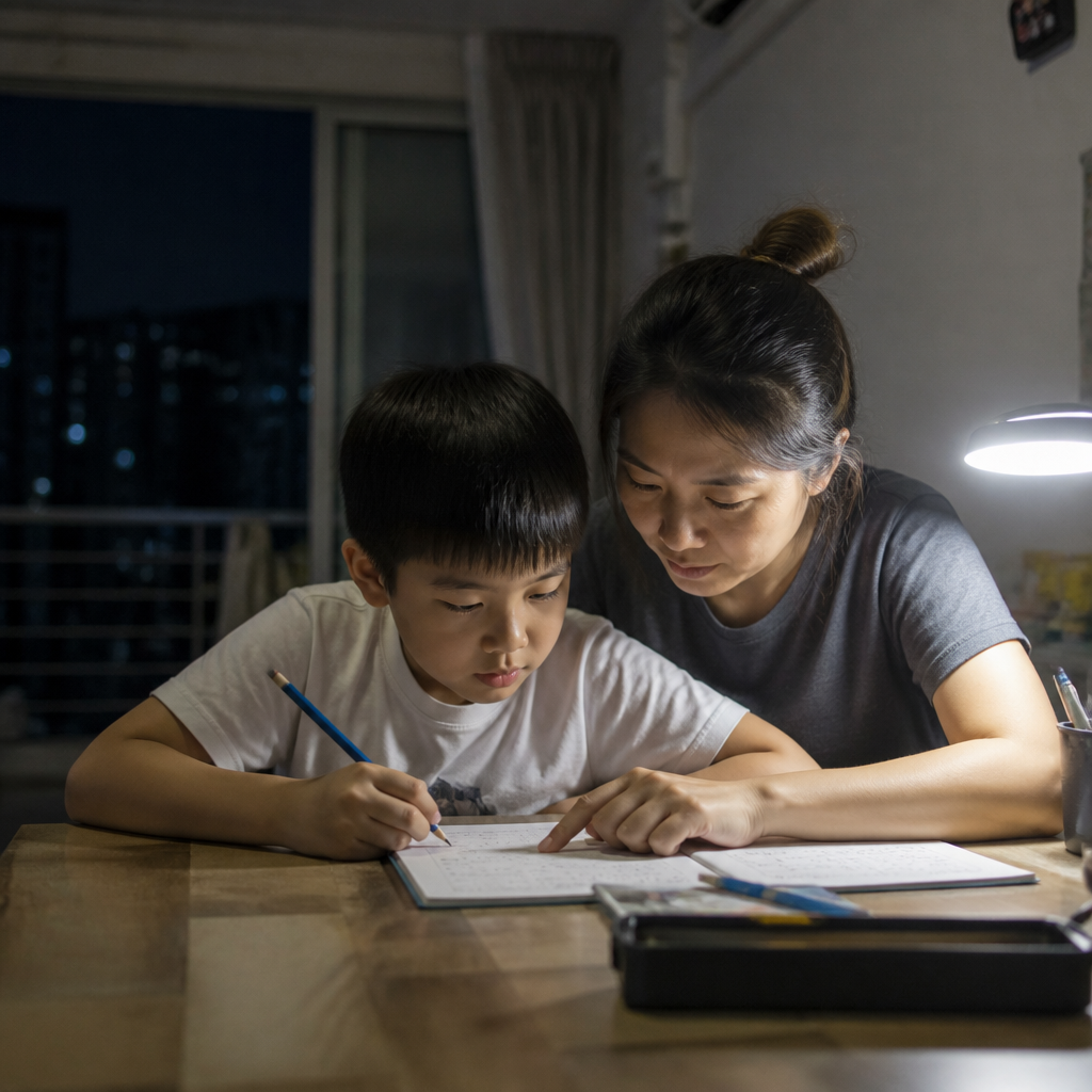 An Asian parent helping a child with writing at home in Singapore.