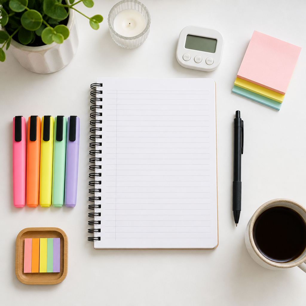 A simple writing practice flat lay for building writing confidence at home.
