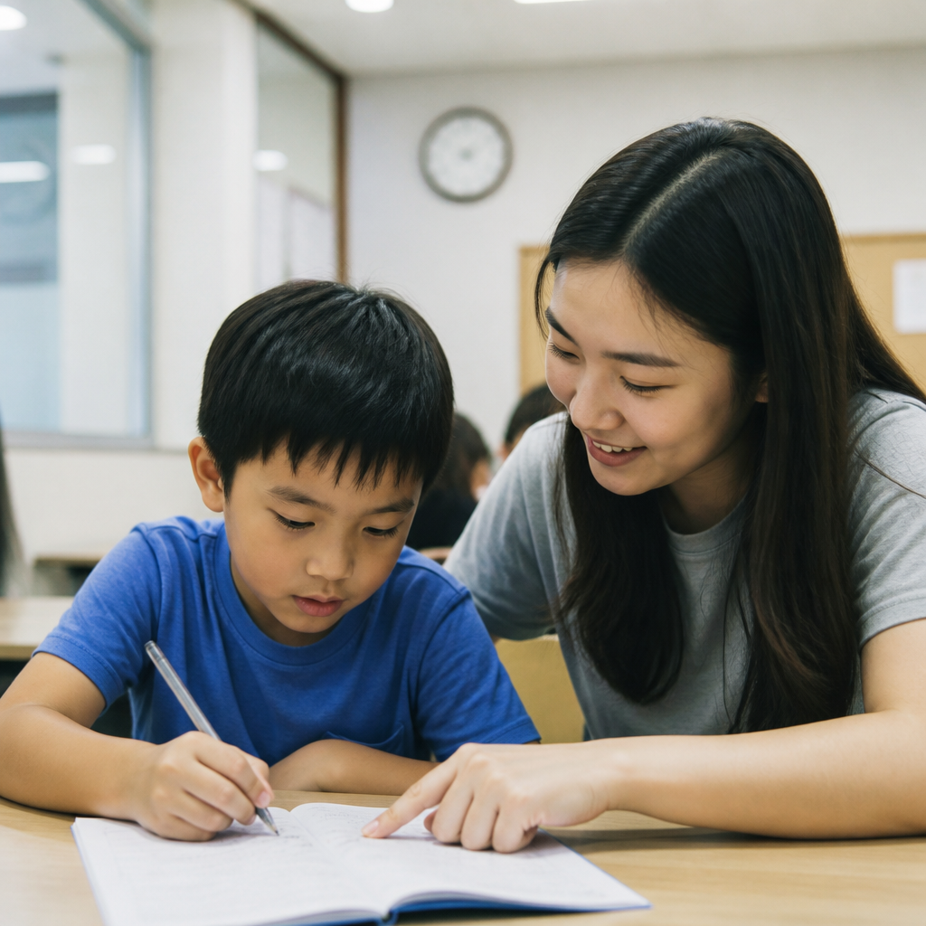 A Singapore writing tutor helping a child build confidence in English.