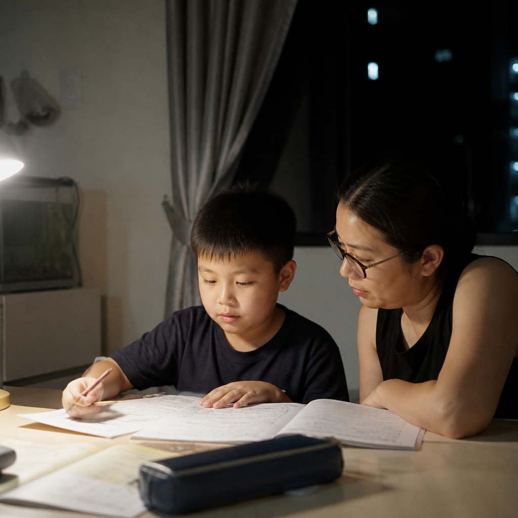 A Singapore parent and child working through Chinese homework at a HDB dining table, reflecting the pressure of Higher Chinese and PSLE preparation.
